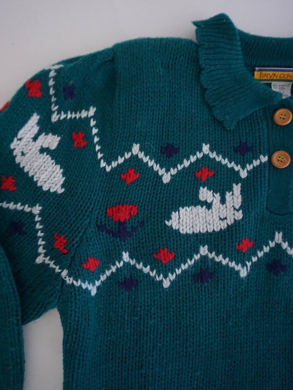 Vintage Bryn Connelly Green Bunny 15% Wool Fair Isle Knit Collared Sweater L - Picture 10 of 10